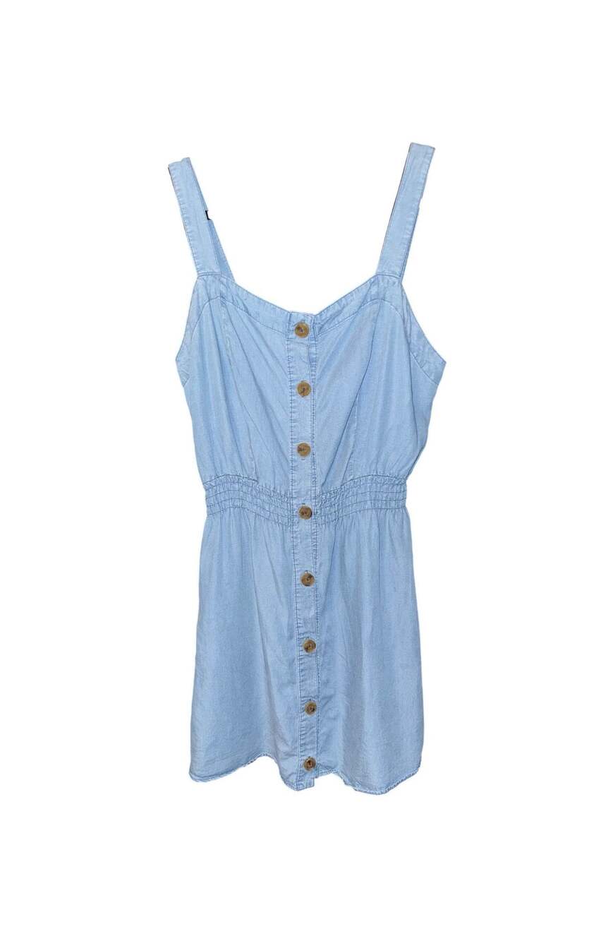 Love Tree Denim Dress Size L Light Blue Button Front Smocked Waist